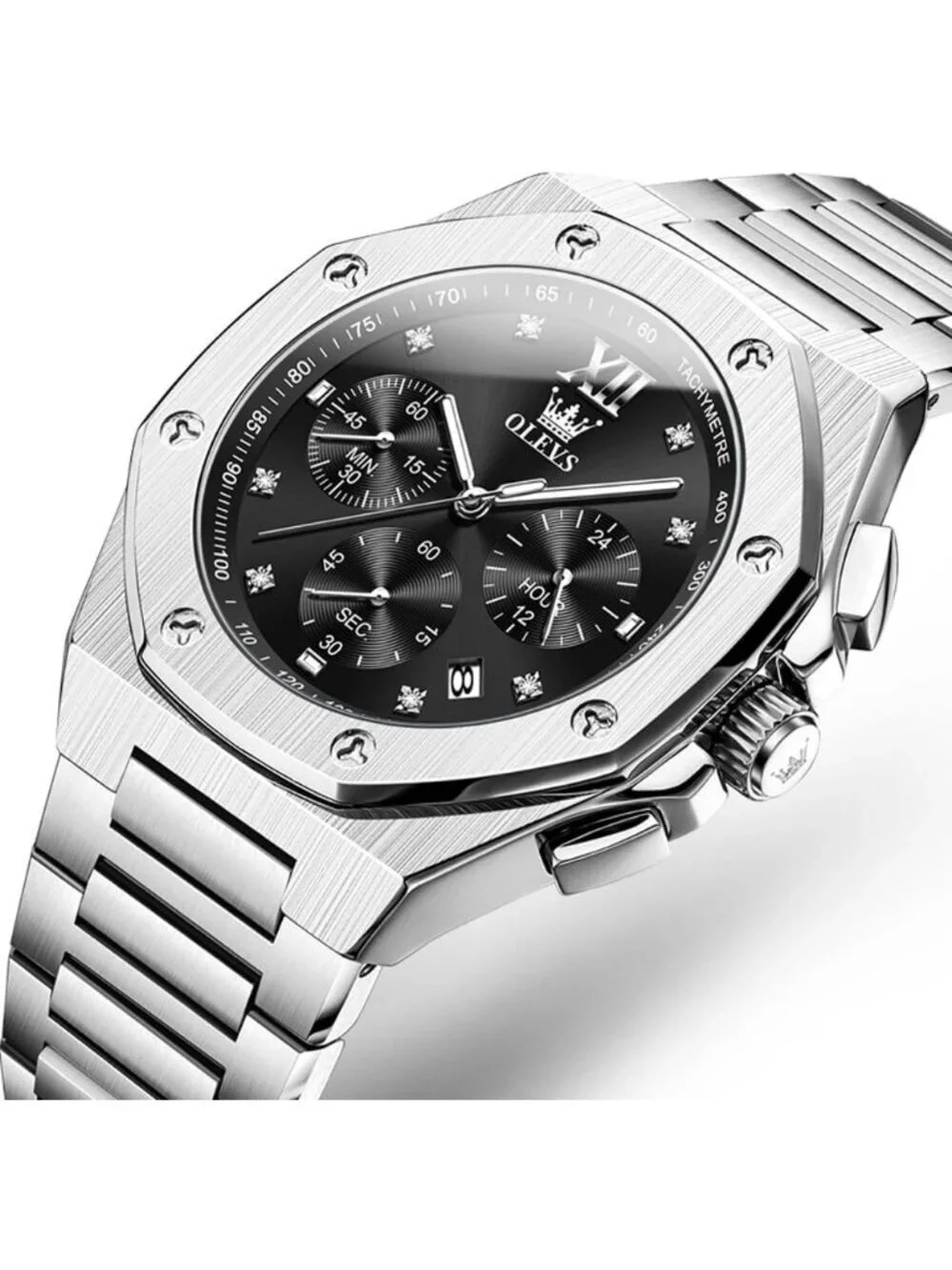 Men's Silver Black Octagonal Luxury Stainless Steel Analog Large Face Wristwatch
